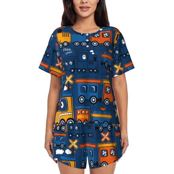 Bixox Women's Funny Steam Train Printed Pajama Set 2 Piece Lounge Set Top and Shorts Soft Pajamas, Shorts with Pockets