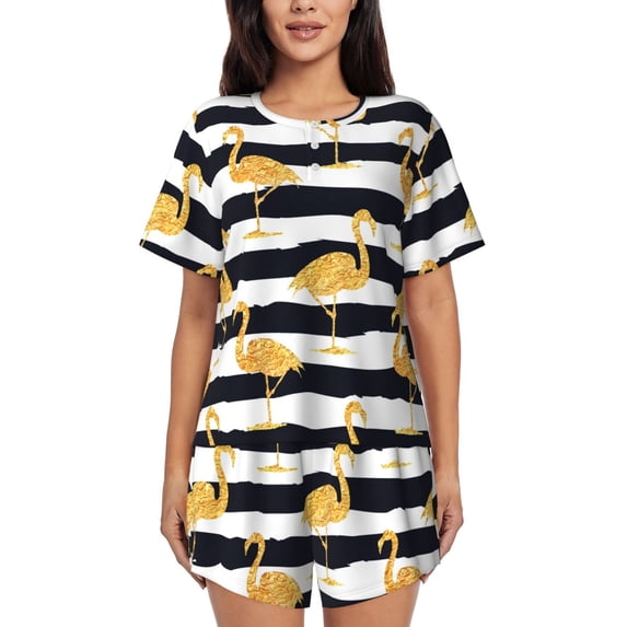Bixox Women's Gold Flamingo Printed Pajama Set 2 Piece Lounge Set Top and Shorts Soft Pajamas, Shorts with Pockets
