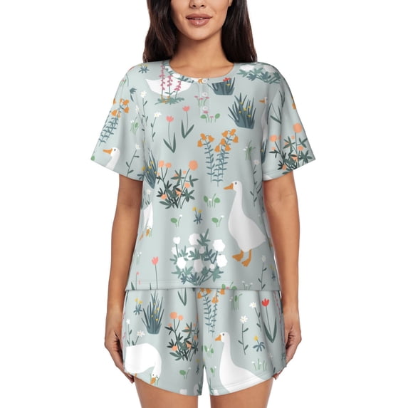 Bixox Women's Goose and Doodle Flowers Printed Pajama Set 2 Piece Lounge Set Top and Shorts Soft Pajamas, Shorts with Pockets