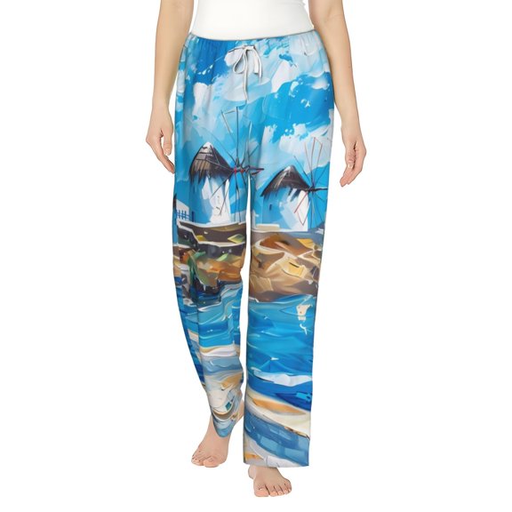 Bixox Women's Greek Island Windmills Painting Patterned Pajama Pants Loungewear