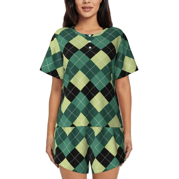 Bixox Women's Green Squares Printed Pajama Set 2 Piece Lounge Set Top and Shorts Soft Pajamas, Shorts with Pockets
