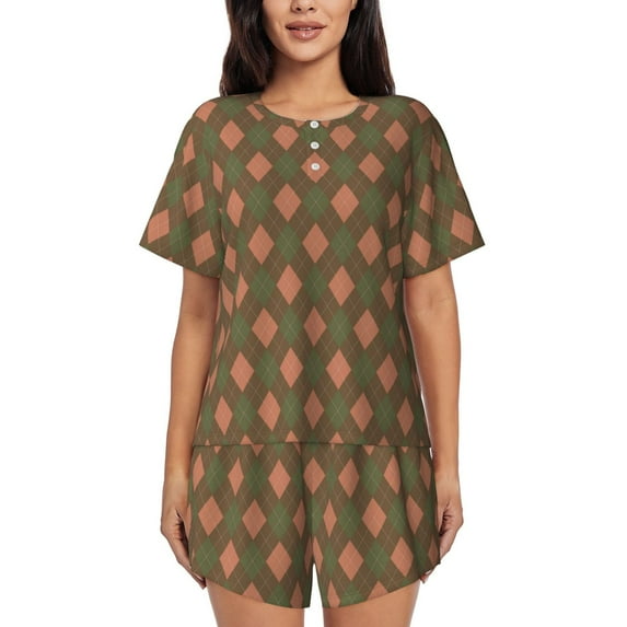 Bixox Women's Green and Pink Squares Printed Pajama Set 2 Piece Lounge Set Top and Shorts Soft Pajamas, Shorts with Pockets
