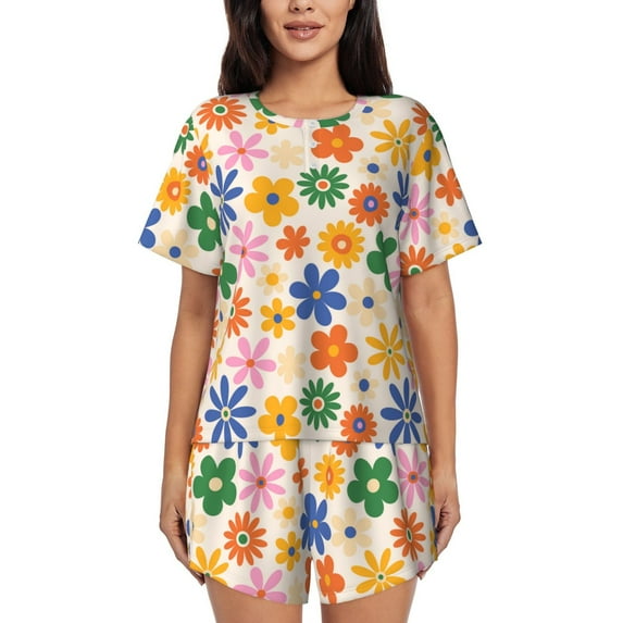 Bixox Women's Groovy Daisy Flowers Printed Pajama Set 2 Piece Lounge Set Top and Shorts Soft Pajamas, Shorts with Pockets