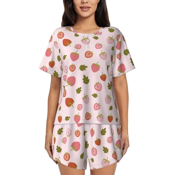 Bixox Women's Hand Drawn Strawberry Printed Pajama Set 2 Piece Lounge Set Top and Shorts Soft Pajamas, Shorts with Pockets
