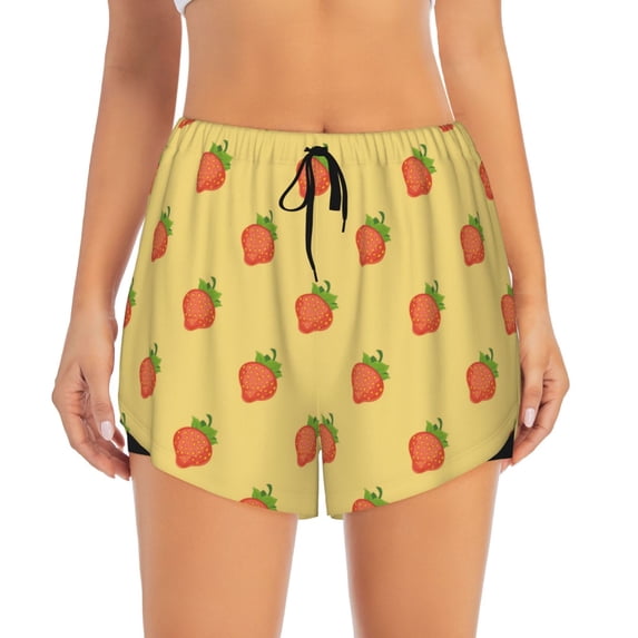 Bixox Women's Hand Drawn Strawberry pattern 2 in 1 Running Shorts - Lightweight Athletic Workout Gym Yoga Shorts Liner with Pockets - Small