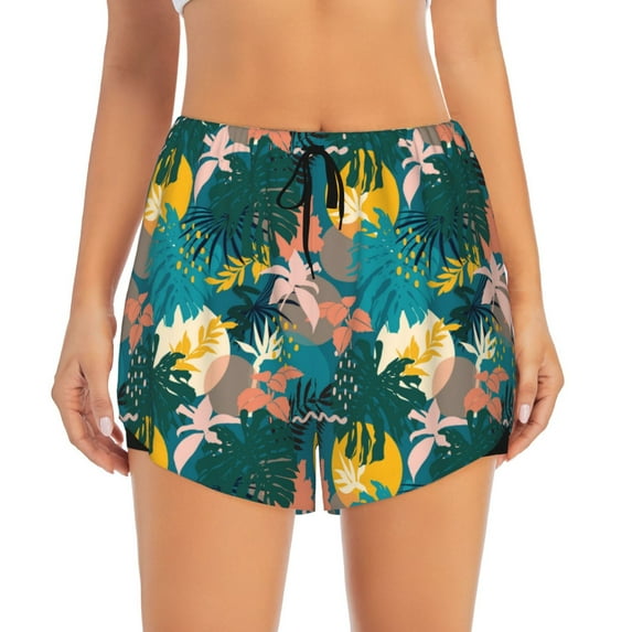 Bixox Women's Hawaiian Style pattern 2 in 1 Running Shorts - Lightweight Athletic Workout Gym Yoga Shorts Liner with Pockets - Small