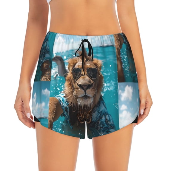 Bixox Women's Hawaiian Swimming Lion pattern 2 in 1 Running Shorts - Lightweight Athletic Workout Gym Yoga Shorts Liner with Pockets - Small