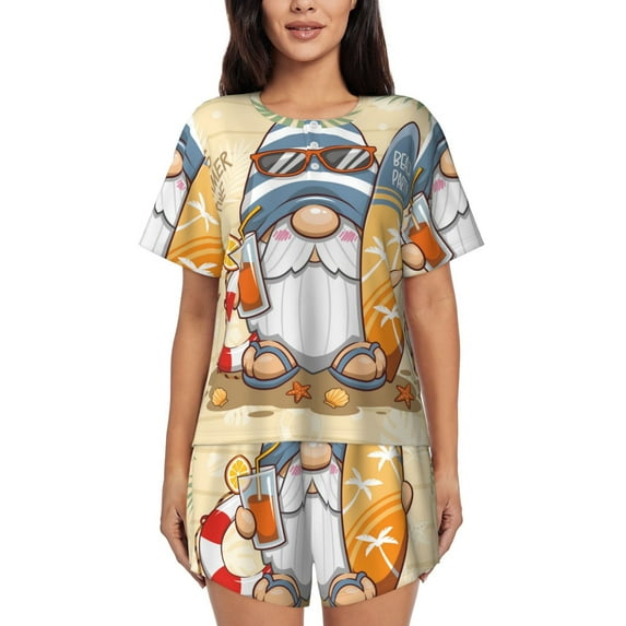 Bixox Women's Hello Summer Cute Gnome Printed Pajama Set 2 Piece Lounge Set Top and Shorts Soft Pajamas, Shorts with Pockets