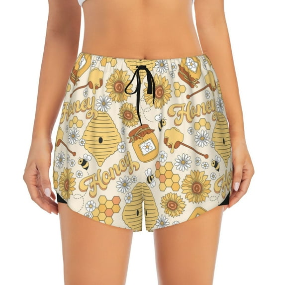 Bixox Women's Honey Honeycomb pattern 2 in 1 Running Shorts - Lightweight Athletic Workout Gym Yoga Shorts Liner with Pockets -