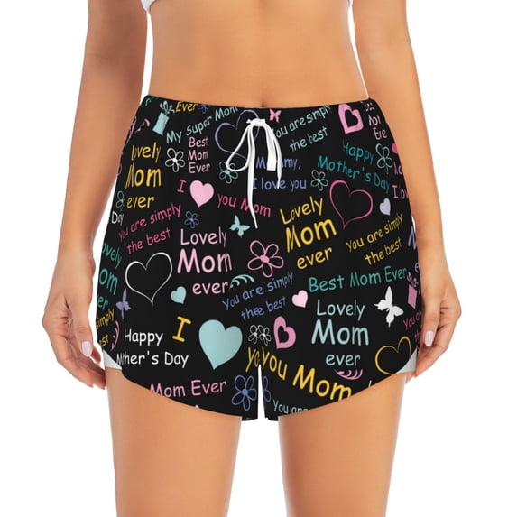 Bixox Women's I love you Mom pattern 2 in 1 Running Shorts - Lightweight Athletic Workout Gym Yoga Shorts Liner with Pockets - X-Large