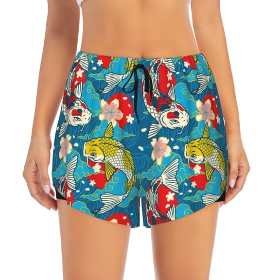 Bixox Women's Japanese Koi pattern 2 in 1 Running Shorts - Lightweight Athletic Workout Gym Yoga Shorts Liner with Pockets - Small