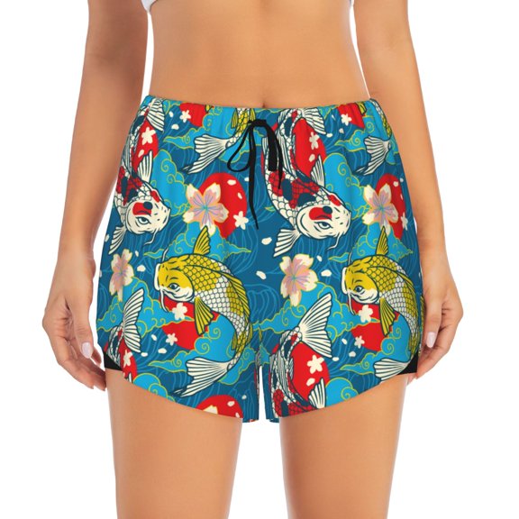 Bixox Women's Japanese Koi pattern 2 in 1 Running Shorts - Lightweight Athletic Workout Gym Yoga Shorts Liner with Pockets - Small