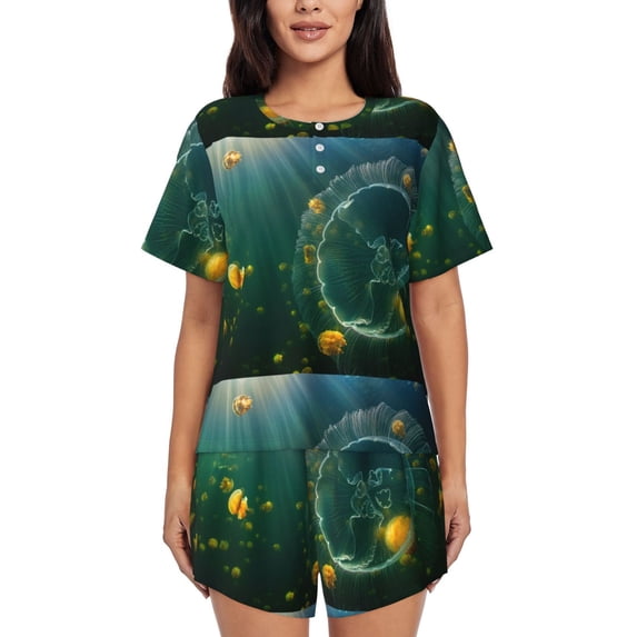 Bixox Women's Jelly Fish Printed Pajama Set 2 Piece Lounge Set Top and Shorts Soft Pajamas, Shorts with Pockets