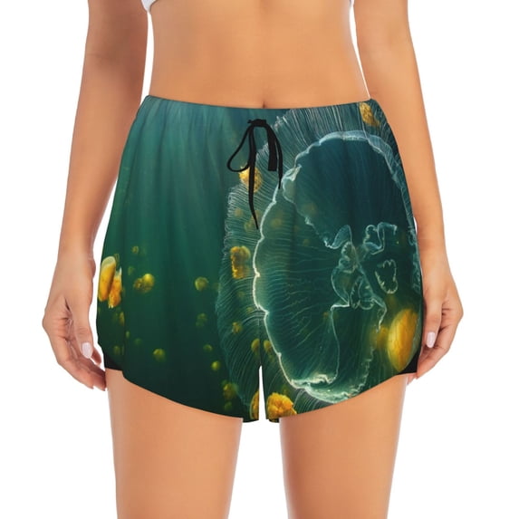 Bixox Women's Jelly Fish pattern 2 in 1 Running Shorts - Lightweight Athletic Workout Gym Yoga Shorts Liner with Pockets - Medium