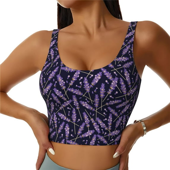 Bixox Women's Lavender Flowers Pattern Fitness Navel Tank Top U-Back Yoga Tank Top Sweatshirt Sports Bra