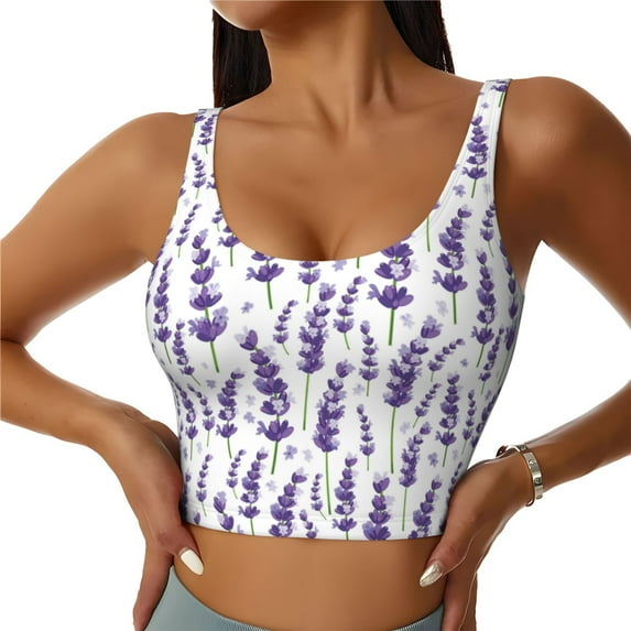Bixox Women's Lavender Flowers Pattern Fitness Navel Tank Top U-Back Yoga Tank Top Sweatshirt Sports Bra