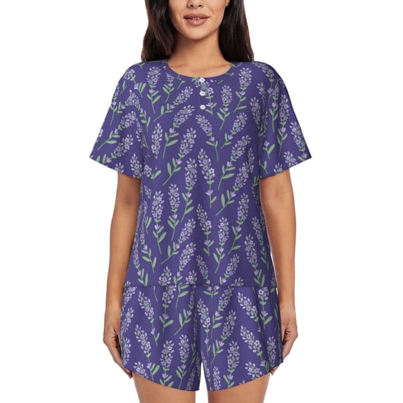 Bixox Women's Lavender Flowers Printed Pajama Set 2 Piece Lounge Set Top and Shorts Soft Pajamas, Shorts with Pockets