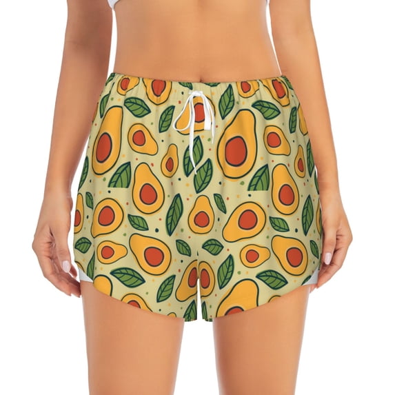 Bixox Women's Leaves Avocado pattern 2 in 1 Running Shorts - Lightweight Athletic Workout Gym Yoga Shorts Liner with Pockets - Large