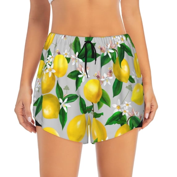 Bixox Women's Lemon Seamless Pattern Oil Painting Effect pattern 2 in 1 Running Shorts - Lightweight Athletic Workout Gym Yoga Shorts Liner with Pockets - Small