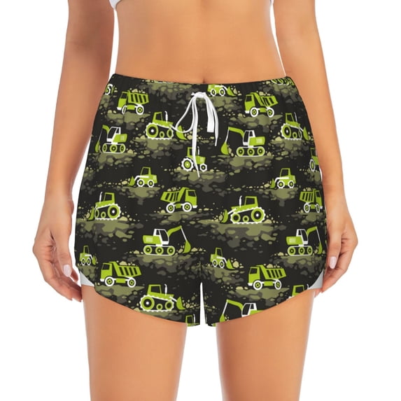 Bixox Women's Light Green Excavator pattern 2 in 1 Running Shorts - Lightweight Athletic Workout Gym Yoga Shorts Liner with Pockets - Medium