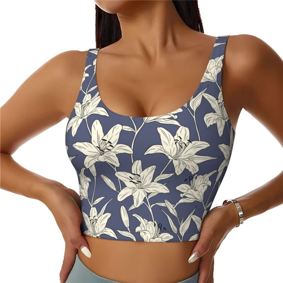 Bixox Women's Lilies Flowers Pattern Fitness Navel Tank Top U-Back Yoga Tank Top Sweatshirt Sports Bra