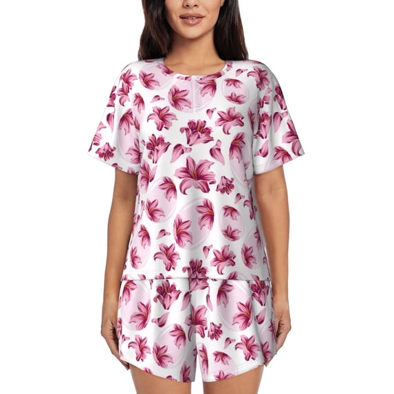 Bixox Women's Lilies Flowers Printed Pajama Set 2 Piece Lounge Set Top and Shorts Soft Pajamas, Shorts with Pockets