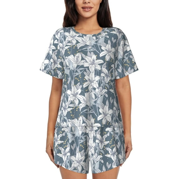 Bixox Women's Lilies Flowers Printed Pajama Set 2 Piece Lounge Set Top and Shorts Soft Pajamas, Shorts with Pockets