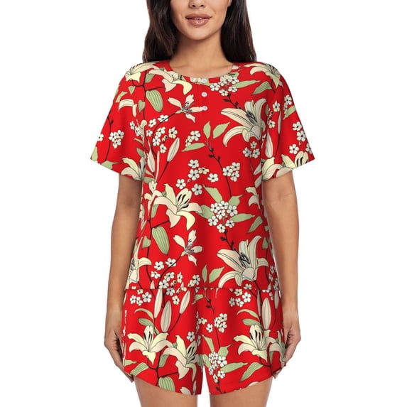Bixox Women's Lilies Flowers Printed Pajama Set 2 Piece Lounge Set Top and Shorts Soft Pajamas, Shorts with Pockets