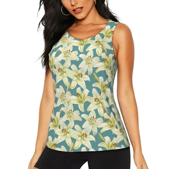Bixox Women's Lilies Flowers Printed Sleeveless Fitness Workout Running Quick-Dry Tank Top