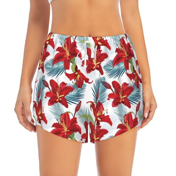 Bixox Women's Lilies Flowers pattern 2 in 1 Running Shorts - Lightweight Athletic Workout Gym Yoga Shorts Liner with Pockets - Large