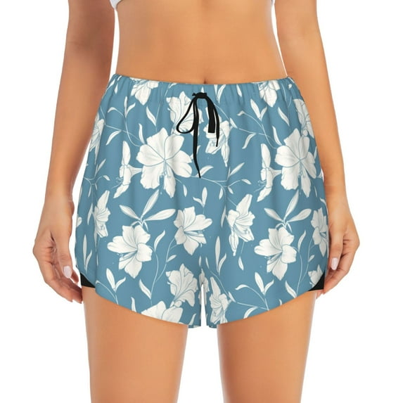 Bixox Women's Lilies Flowers pattern 2 in 1 Running Shorts - Lightweight Athletic Workout Gym Yoga Shorts Liner with Pockets - Large