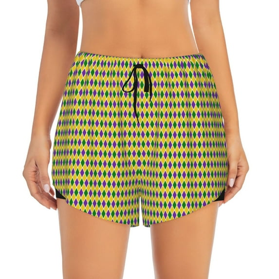 Bixox Women's Mardi Gras Purple Yellow Plaid pattern 2 in 1 Running Shorts - Lightweight Athletic Workout Gym Yoga Shorts Liner with Pockets -
