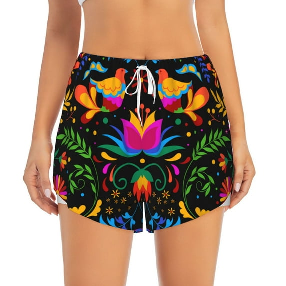Bixox Women's Mexican Flower Traditional1 pattern 2 in 1 Running Shorts - Lightweight Athletic Workout Gym Yoga Shorts Liner with Pockets - XX-Large