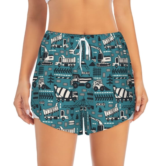 Bixox Women's Modern Excavator pattern 2 in 1 Running Shorts - Lightweight Athletic Workout Gym Yoga Shorts Liner with Pockets - XX-Large