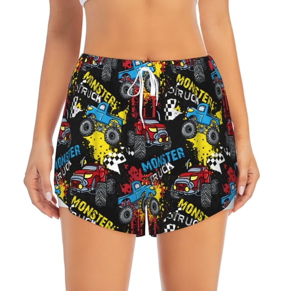 Bixox Women's Monster Car pattern 2 in 1 Running Shorts - Lightweight Athletic Workout Gym Yoga Shorts Liner with Pockets - Medium