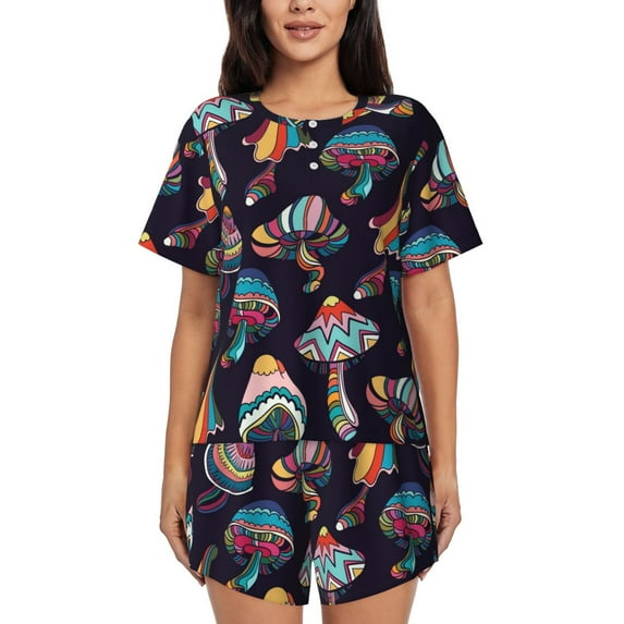 Bixox Women's Mushroom Doodle Printed Pajama Set 2 Piece Lounge Set Top and Shorts Soft Pajamas, Shorts with Pockets