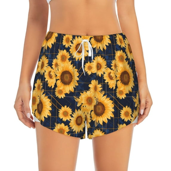 Bixox Women's Navy Blue Plaid Sunflower pattern 2 in 1 Running Shorts - Lightweight Athletic Workout Gym Yoga Shorts Liner with Pockets - Large