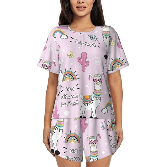 Bixox Women's No Drama Llama Printed Pajama Set 2 Piece Lounge Set Top and Shorts Soft Pajamas, Shorts with Pockets
