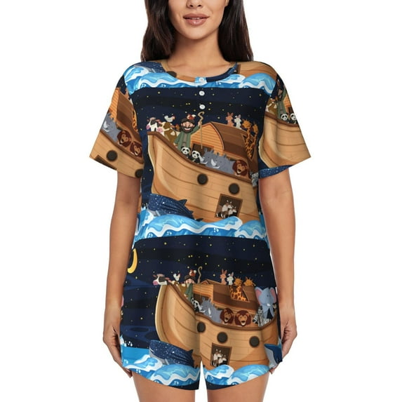 Bixox Women's Ocean Scene with Noah's Ark Printed Pajama Set 2 Piece Lounge Set Top and Shorts Soft Pajamas, Shorts with Pockets