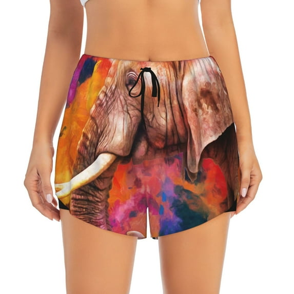 Bixox Women's Oil Paintings of Elephants pattern 2 in 1 Running Shorts - Lightweight Athletic Workout Gym Yoga Shorts Liner with Pockets - XX-Large