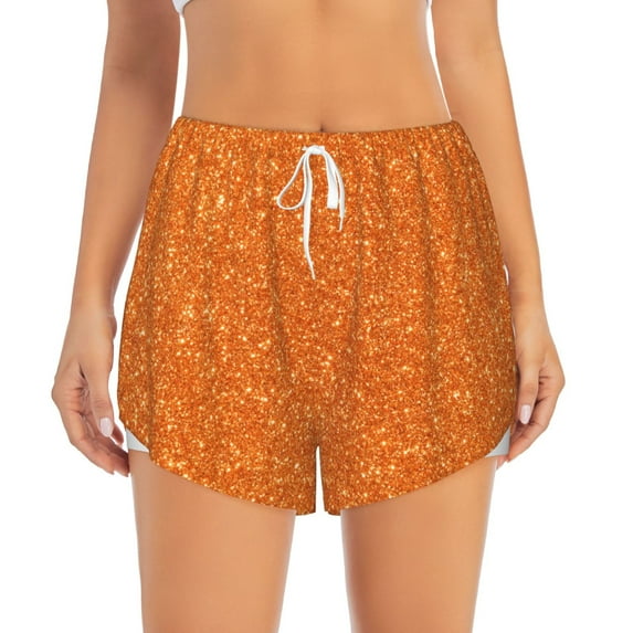 Bixox Women's Orange Glitter pattern 2 in 1 Running Shorts - Lightweight Athletic Workout Gym Yoga Shorts Liner with Pockets - Small