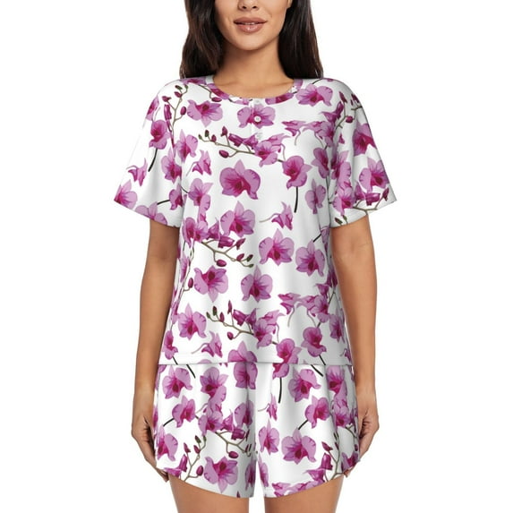 Bixox Women's Orchids Flowers Printed Pajama Set 2 Piece Lounge Set Top and Shorts Soft Pajamas, Shorts with Pockets