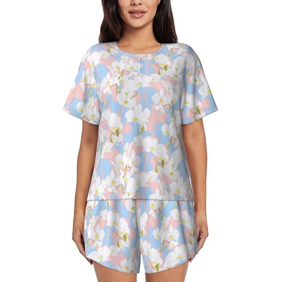 Bixox Women's Orchids Flowers Printed Pajama Set 2 Piece Lounge Set Top and Shorts Soft Pajamas, Shorts with Pockets