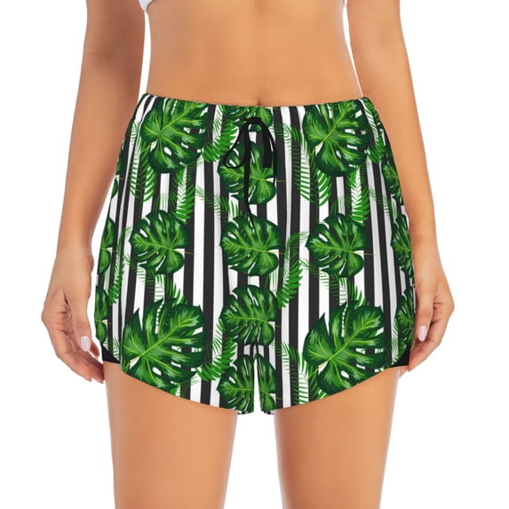 Bixox Women's Palm Greenery pattern 2 in 1 Running Shorts - Lightweight Athletic Workout Gym Yoga Shorts Liner with Pockets - XX-Large