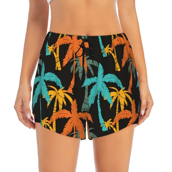 Bixox Women's Palm Trees pattern 2 in 1 Running Shorts - Lightweight Athletic Workout Gym Yoga Shorts Liner with Pockets - Small
