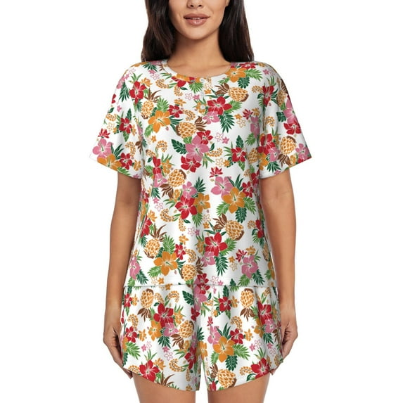 Bixox Women's Pineapple Flower Printed Pajama Set 2 Piece Lounge Set Top and Shorts Soft Pajamas, Shorts with Pockets
