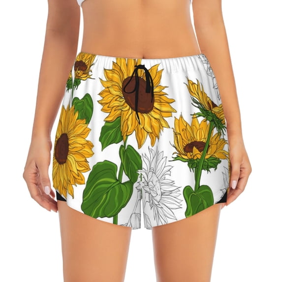 Bixox Women's Plump Sunflower And Sketch pattern 2 in 1 Running Shorts - Lightweight Athletic Workout Gym Yoga Shorts Liner with Pockets - X-Large
