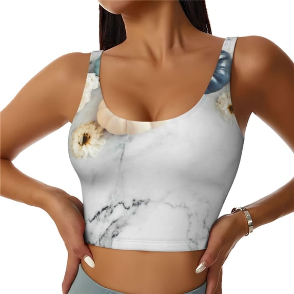 Bixox Women's Pumpkin And White Marble Pattern Fitness Navel Tank Top U-Back Yoga Tank Top Sweatshirt Sports Bra