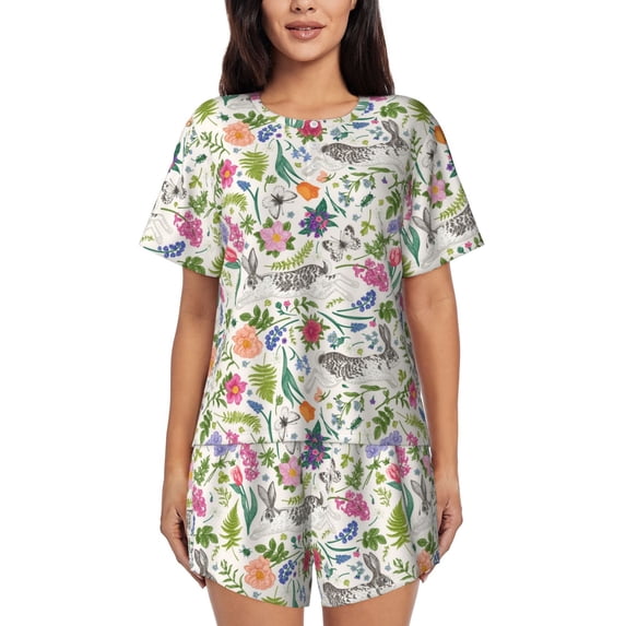 Bixox Women's Rabbit And Butterfly Printed Pajama Set 2 Piece Lounge Set Top and Shorts Soft Pajamas, Shorts with Pockets