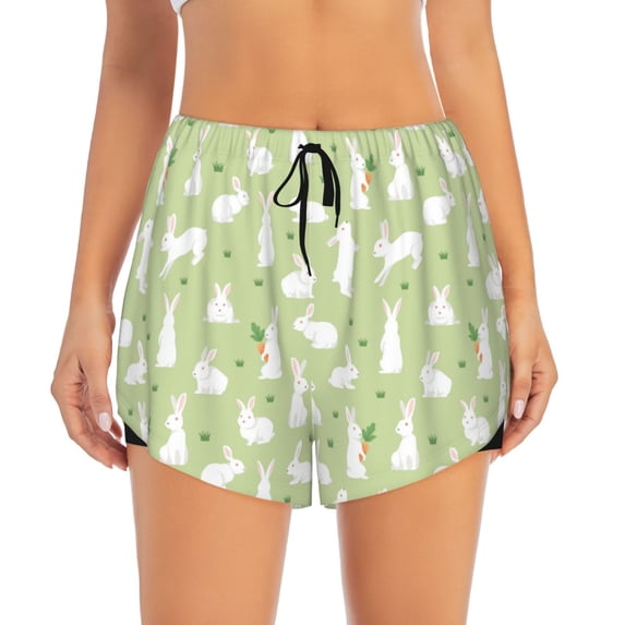 Bixox Women's Rabbit And Carrot (2) pattern 2 in 1 Running Shorts - Lightweight Athletic Workout Gym Yoga Shorts Liner with Pockets - Large